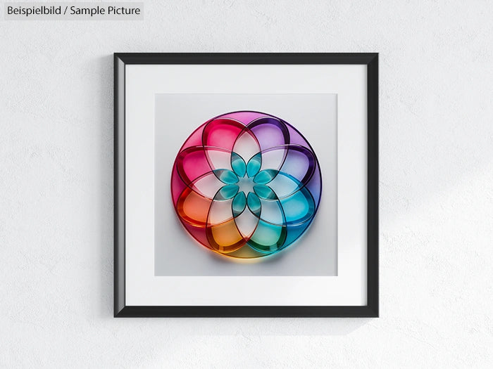 Framed artwork of a colorful geometric flower with overlapping circles on a white wall.