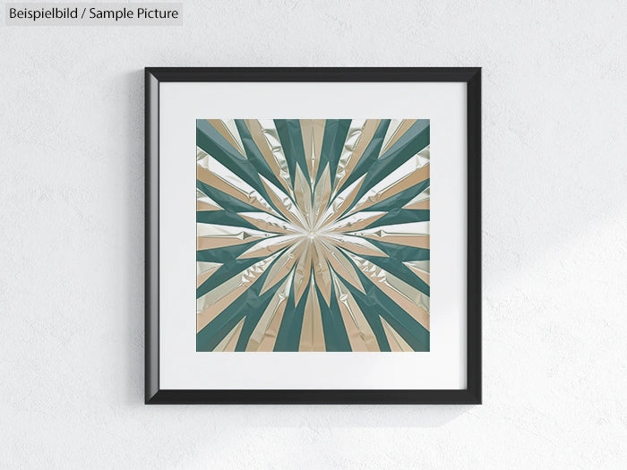 Framed geometric abstract art with teal and beige starburst pattern on a white background.