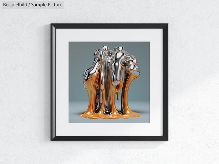 Abstract artwork with melted silver and orange metallic forms in a black frame.