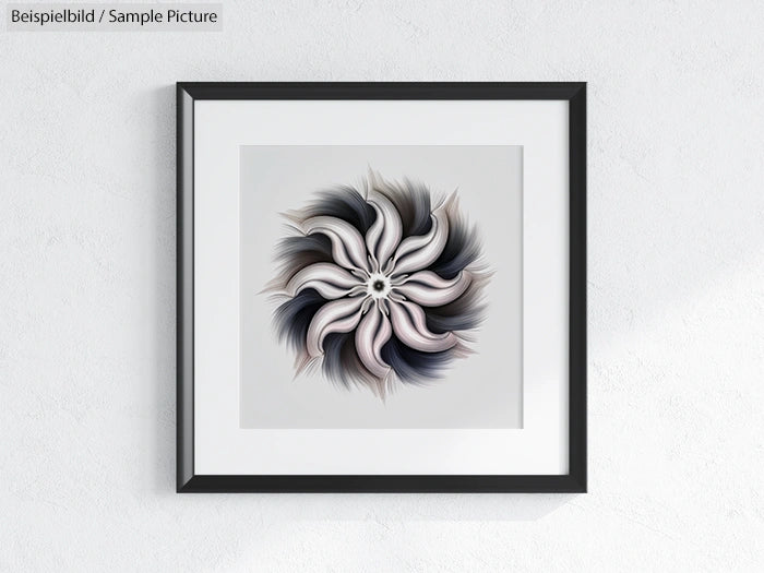 Framed abstract artwork with swirling white and black petal-like patterns on a light background.