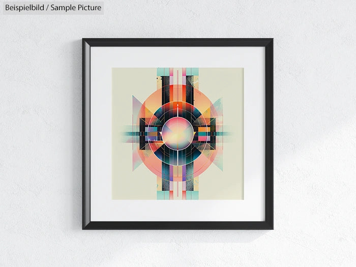 Framed abstract artwork with geometric patterns and vibrant colors, including circles and stripes.