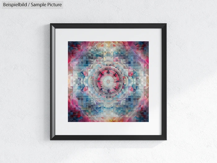 Framed abstract mandala artwork with colorful geometric patterns on a white wall.