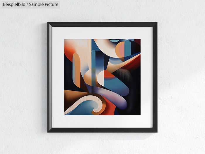 Abstract geometric art print in a black frame on a white wall.