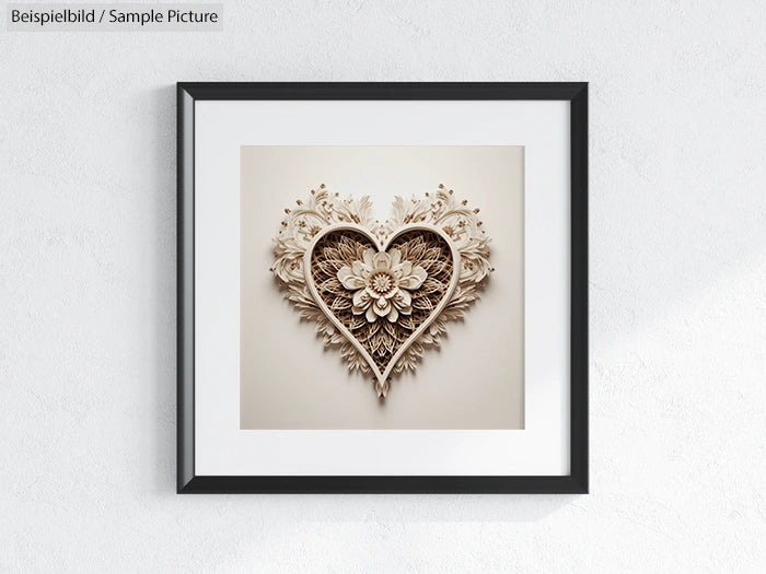 Framed paper art featuring an intricate heart design with floral patterns on a white wall.