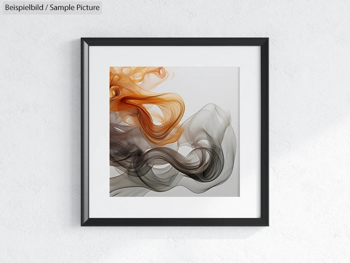 Framed abstract art with flowing orange and gray smoke-like swirls on a white background, hung on a white wall.