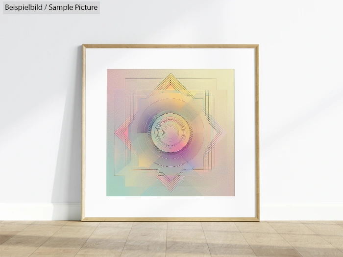 Framed geometric abstract art with circular patterns and gradient colors, displayed against a white wall.