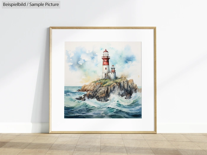 Framed artwork of a lighthouse on a rocky island with waves and cloudy sky, displayed on a wooden floor.