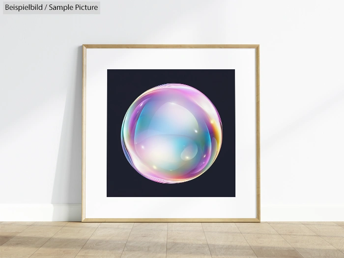 Framed print of a colorful, iridescent bubble on a dark background displayed against a white wall.