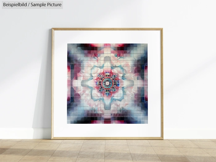 Framed abstract artwork with symmetrical geometric design, featuring colorful, blurred patterns on a white wall.