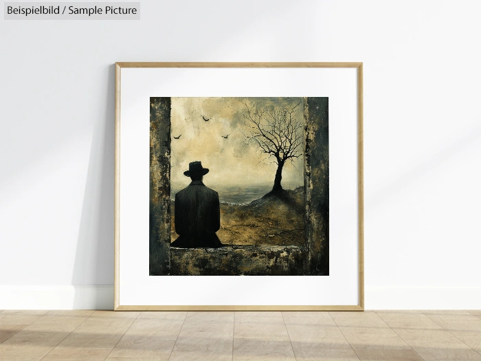 Framed artwork depicting a lone figure in a hat facing a barren tree on a desolate landscape.