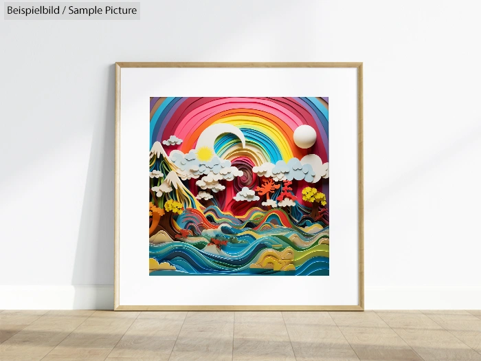 Framed colorful paper art landscape with rainbow, clouds, mountains, and ocean waves on a white wall.