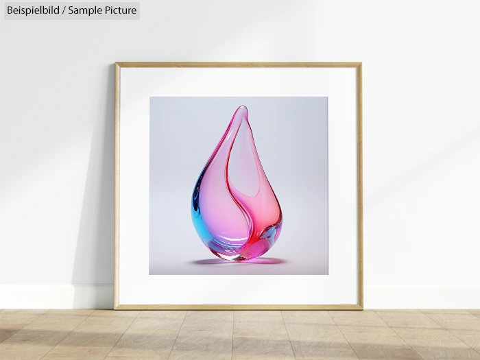 Framed artwork with a colorful, abstract glass sculpture in pink and blue hues, displayed on a wooden floor.