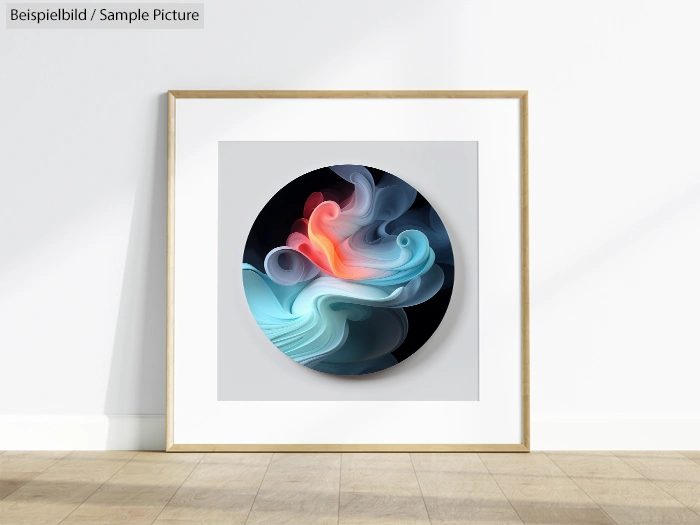 Framed abstract art with swirling blue, gray, and red colors on a circular canvas against a white background.