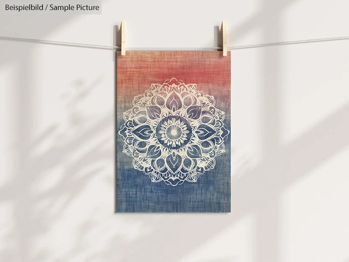 Intricate mandala design on ombre background, pinned to a string with clothespins, with shadowed leaves in the background.