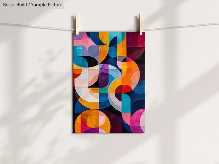 Abstract geometric painting with colorful overlapping circles and shapes on a canvas hanging on a line.