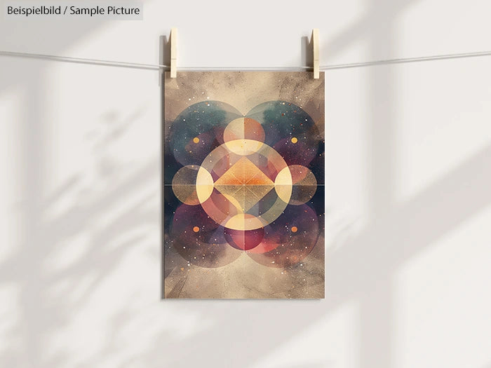 Abstract geometric art print with overlapping circles and diamond shapes in cosmic colors on textured background.