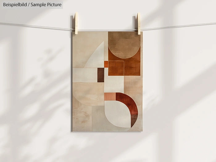 Minimalist geometric art print in shades of brown and beige, clipped on a line against a soft shadowed background.