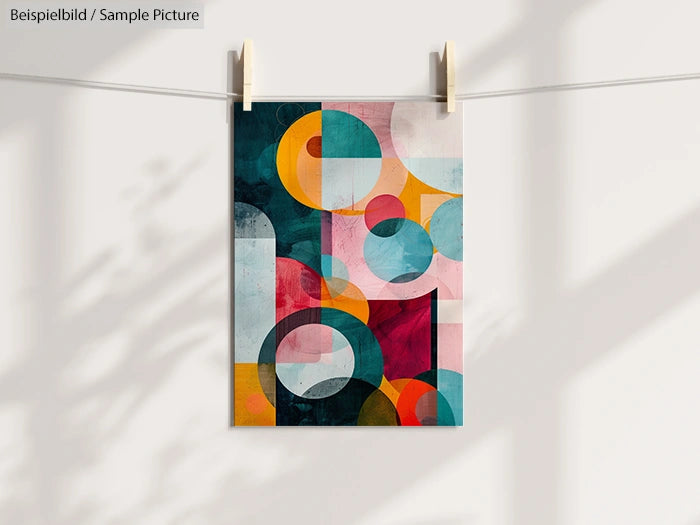 Abstract geometric art print with colorful circles and shapes hanging against a shadowed wall.