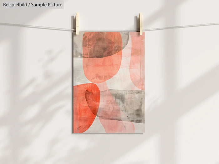 Abstract artwork with red and grey geometric shapes hanging on a line with clips, sunlight casting shadows.