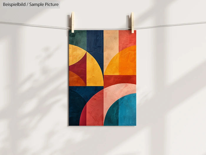 Geometric abstract artwork with bold shapes in orange, blue, and red, hanging on a line with soft shadow play.