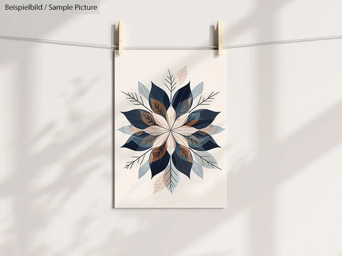 Geometric leaf design print hanging by wooden clips on a line, featuring blue and brown tones.