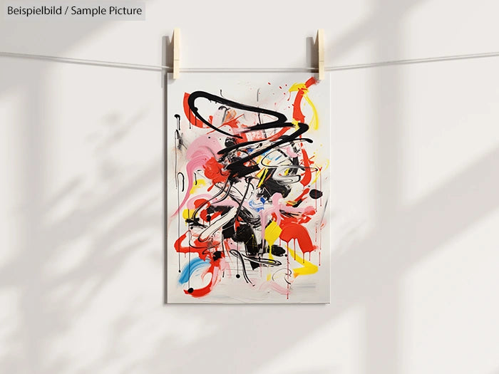 Colorful abstract painting with black, red, yellow, and pink strokes hangs on a line against a light background.