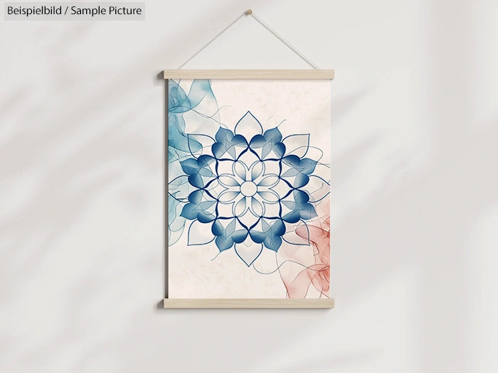 Hanging wall art with blue and red abstract floral mandala design on light background.