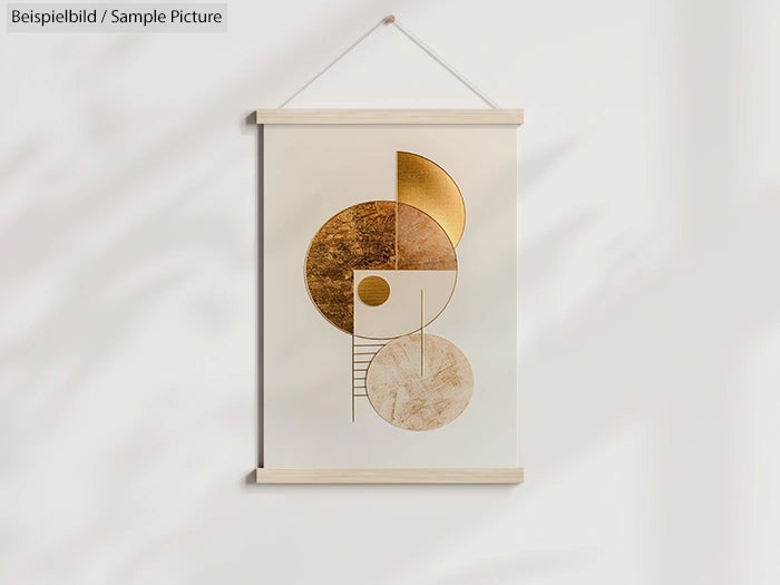 Geometric wall art with gold, beige circles and semi-circles on a hanging frame against a white background.