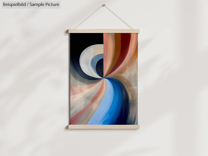 Abstract painting with swirling patterns in blue, brown, and beige tones, displayed on a wall in a wooden frame.