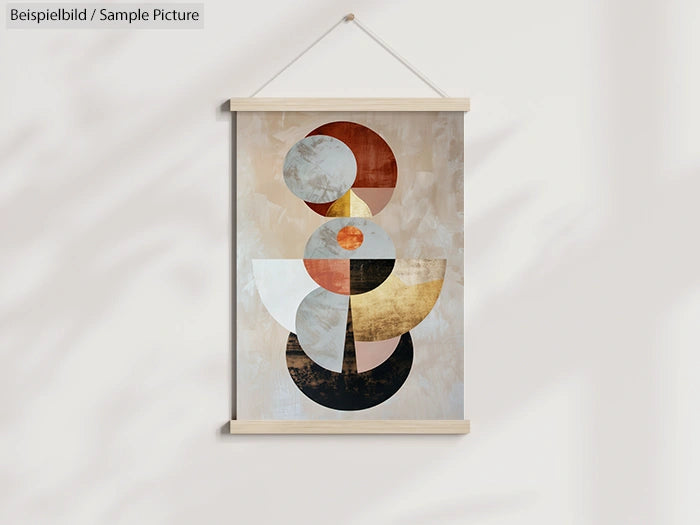 Abstract geometric art in a wooden frame with circular shapes in earth tones on a light wall background.