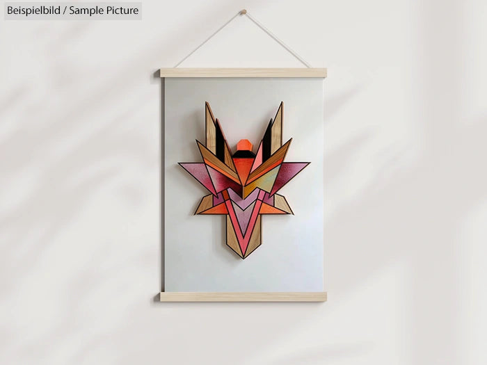 Geometric wooden mask wall art hanging on a light background.