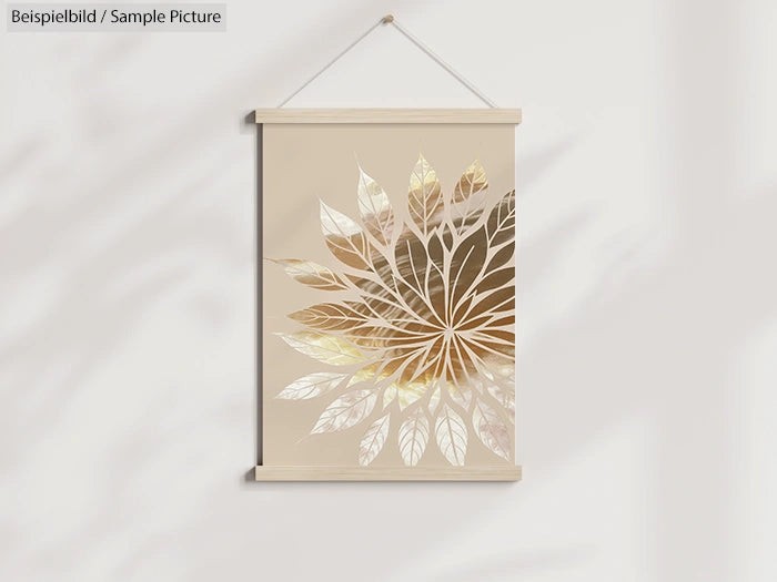 Decorative wall art with a stylized floral design in beige and gold tones, hanging on a wooden frame against a white wall.