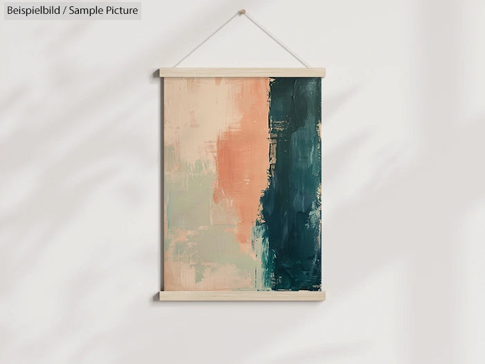 Minimalist painting with pastel pink and dark green vertical brushstrokes on a light background.