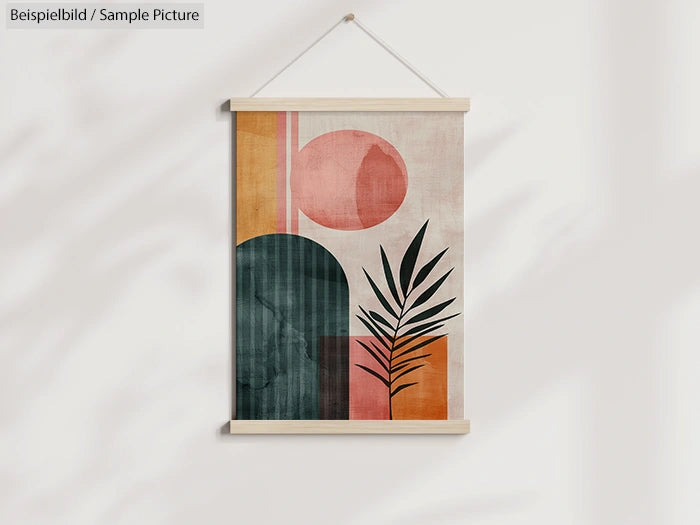 Abstract geometric wall art with pink, orange, and green shapes, featuring a plant silhouette.