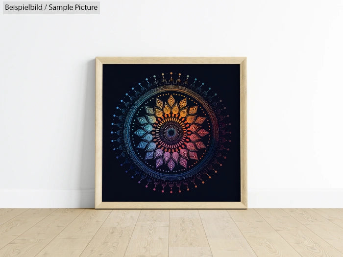 Framed mandala art with vibrant colors on a black background, leaning against a white wall on wooden floor.