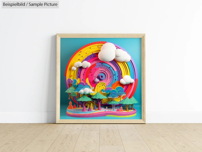 Colorful 3D paper art landscape with trees, clouds, and rainbow, set in a square wooden frame against a white wall.