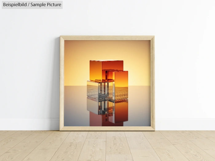 Framed geometric abstract art with reflective cubes in warm tones on wooden floor.