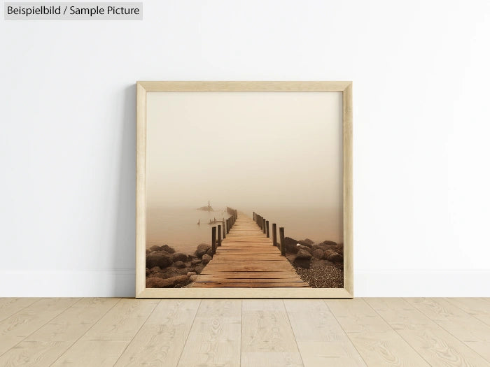 Framed photo of a wooden dock leading into a foggy lake, displayed against a light wood floor and white wall.