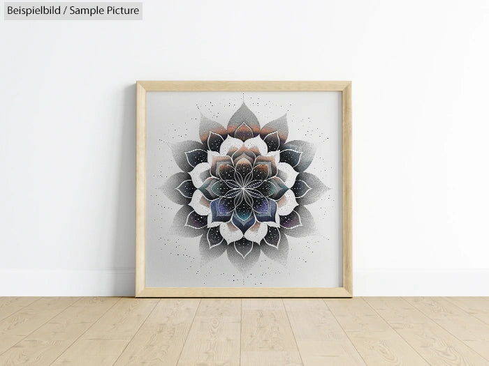 Framed mandala art print with geometric floral design in grayscale displayed against a white wall and wooden floor.