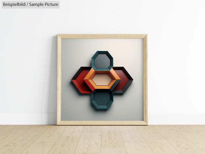 Framed geometric artwork with hexagonal shapes in red, orange, and green on a wooden floor.