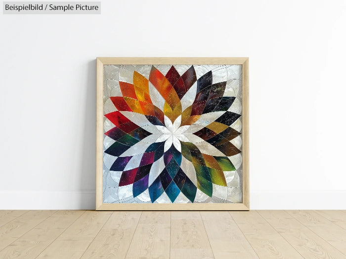 Framed abstract geometric artwork with colorful, star-shaped pattern on wooden floor against white wall.