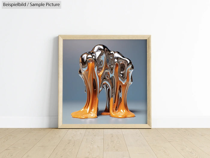 Abstract art with metallic and orange fluid texture, framed against a plain wall on wooden floor.