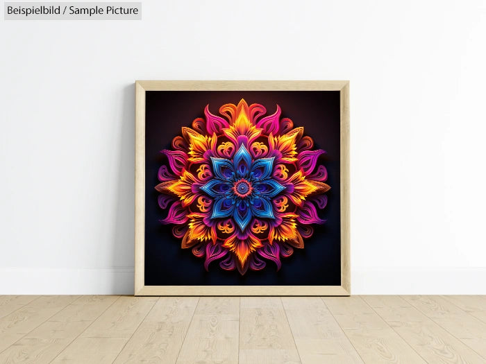 Colorful fractal mandala with vibrant blue, pink, and orange tones in a wooden frame on a wooden floor.