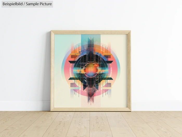 Framed abstract geometric art with colorful circle and triangular shapes on a light background, displayed on wooden floor.