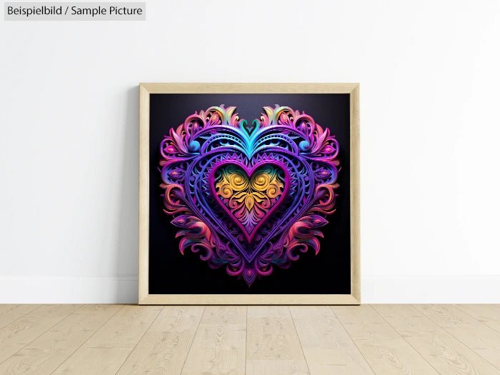 Framed heart artwork with intricate, colorful patterns on black background, displayed on light wood floor.