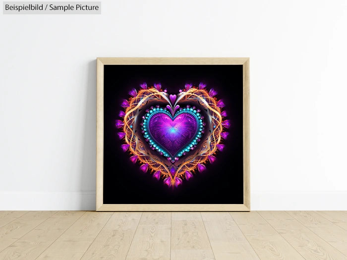 Framed artwork of a heart with intricate purple and gold designs on a black background, displayed on a wooden floor.