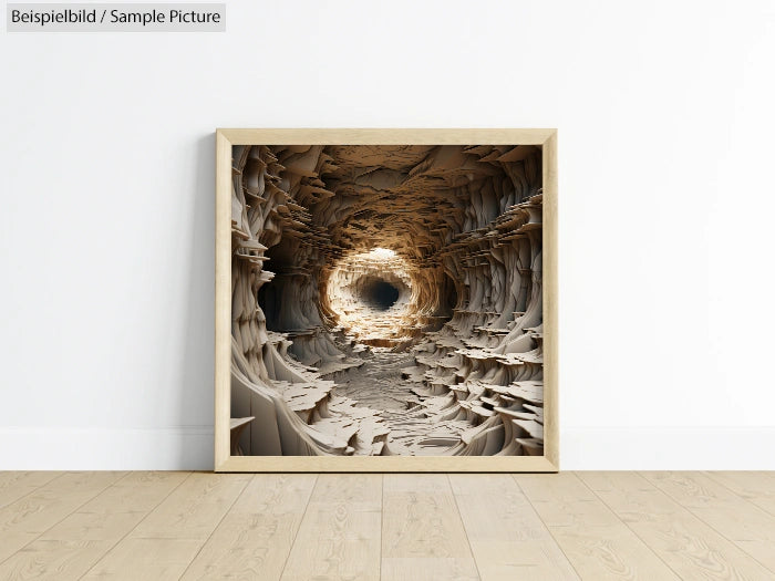 Framed abstract artwork depicting a tunnel-like formation with intricate textures, placed against a minimalist wall.