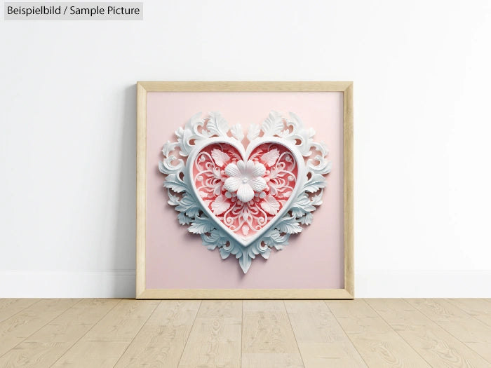 Decorative heart-shaped wall art in wooden frame on floor against white wall.