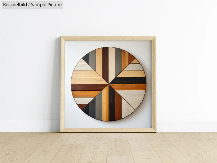 Framed circular wooden art piece with geometric pattern leaning against a white wall, on a light wood floor.