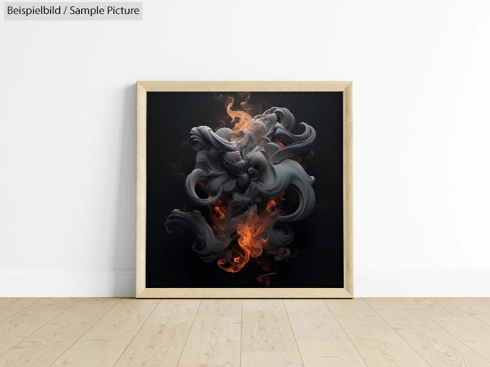 Modern art print with swirling black and orange smoke, framed, against a white wall and wooden floor.